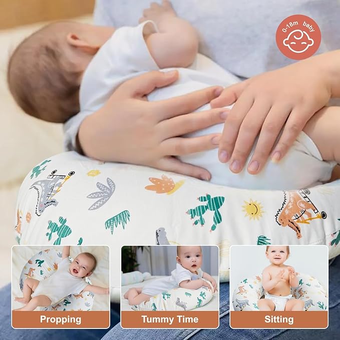 Nursing Pillow, Ergonomic Support Breastfeeding Pillow for Easier Breast Feeding and Bottle Feeding, Baby Feeding Pillow with Machine Washable Cotton Cover (Dinosaur)