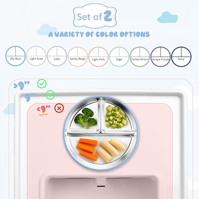 Stainless Steel Toddler Plate with Suction, 9” Divided Plates with Removable Silicone Sleeves for Kids, Non Toxic & BPA Free | Non Slip | Unbreakable Baby Snack Dishes Set of 2, Blue & Sage