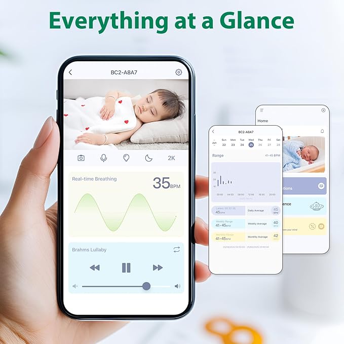 Smart Baby Monitor WiFi with Camera and Audio, Baby Breathing Detection Contact-Free AI, 2K Night Vision Contact Free Camera Device, Wireless App Control, No Monthly Fee - White