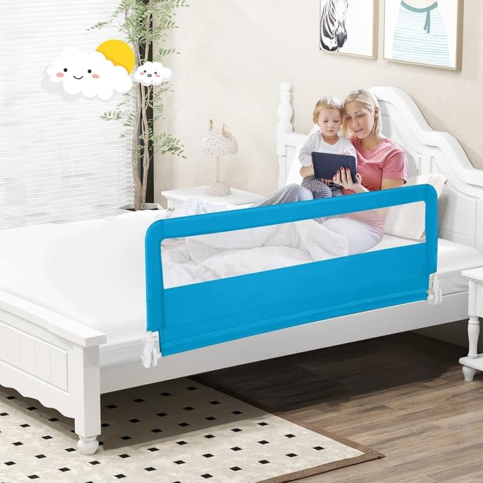 Costzon Bed Rail for Toddlers, 2 PCS Extra Long Swing Down Safety Bed Guards w/Straps for Convertible Crib, Kids Twin, Double, Full Size, Queen & King Bed, Folding Bed Rails for Baby (59-Inch, Blue)