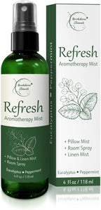 Refresh Aromatherapy Room Spray & Pillow Mist. Peppermint & Eucalyptus Essential Oil Spray, Linen Mist, Natural Car Air Freshener Bathroom Freshener & Closet Deodorizer by Brookethorne Naturals