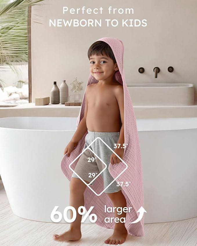Yoofoss Hooded Baby Towels for Newborn 2 Pack 100% Muslin Organic Cotton Baby Bath Towel with Hood for Babies, Infant, Toddler and Kids,37.5"x37.5", Soft and Absorbent Newborn Essential,Pink&WhiteLeaf