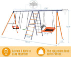 Swing Sets for Backyard 3 Seats - 6 in 1 Swing Set Outdoor for Kids, Extra Large Heavy Duty Metal Swing Frame with 3 Adjustable Swings, Climbing Ladder and Net, Basketball Hoop, Load 700 lbs