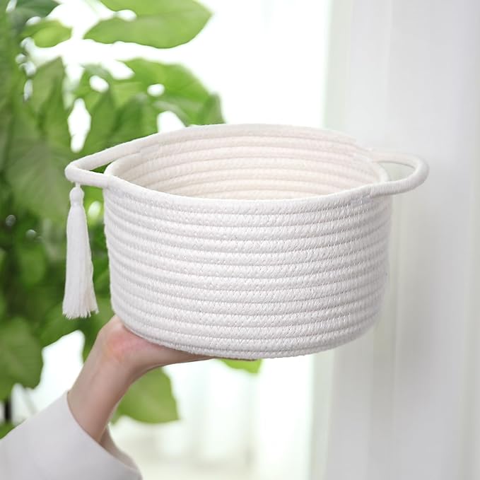 Empty Gift Basket Mini Woven Rope Organizer Baskets for Baby Shower, Vanity, Makeup, Bathroom, Tiny Toys, Desk - Small Decorative Storage Bins - Set of 2, Pre-Shaped, White