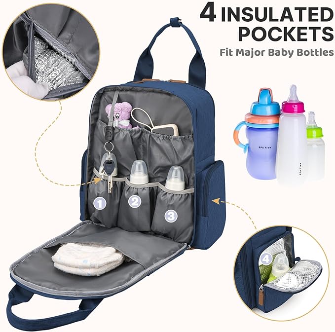 Diaper Bag Backpack - Large Diaper Bag with Portable Changing Pad as Baby Shower Gifts, Lightweight Waterproof Unisex Travel Baby Bag with 4 Insulated Pockets and Stroller Buckles, Dark Blue