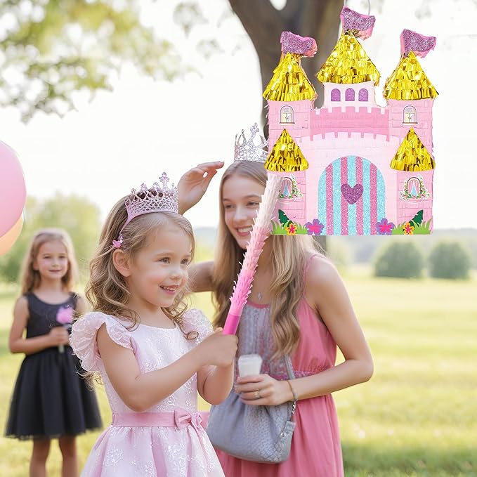 WERNNSAI Princess Castle Piñata - Princess Birthday Party Decorations Pink Princess Piñata with Blindfold and Bat for Birthday Girls Family Game Princess Theme Birthday Party Supplies 16.4” x 12.4”