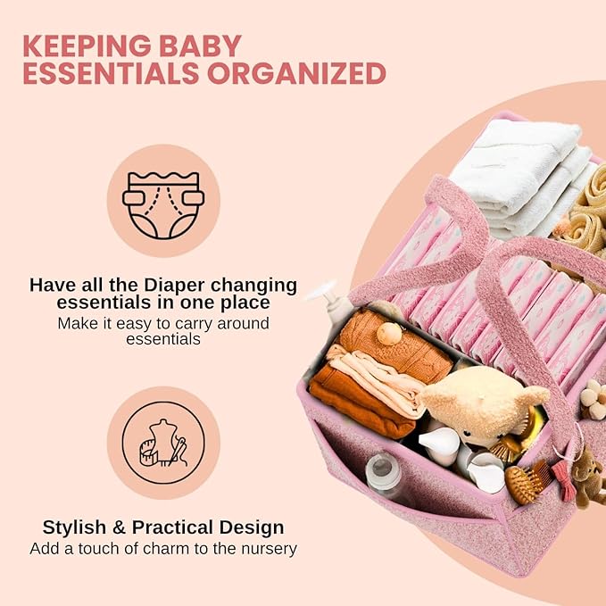 Large Diaper Caddy Organizer with Dividers - Baby Basket for Nursery and Changing Table - Portable Storage with Strong Handles for Diapers, Wipes and Newborn Essentials