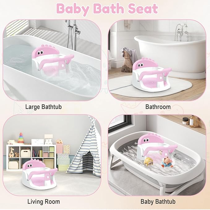 Baby Bath Seat for Babies 6 Months & Up Sitting Up, Non-Slip Baby Bath Chair with Suction Cup, Safe and Comfortable Portable Infant Bath Seat for Bathroom, Bathtub Tub, Easy to Clean (Pink)