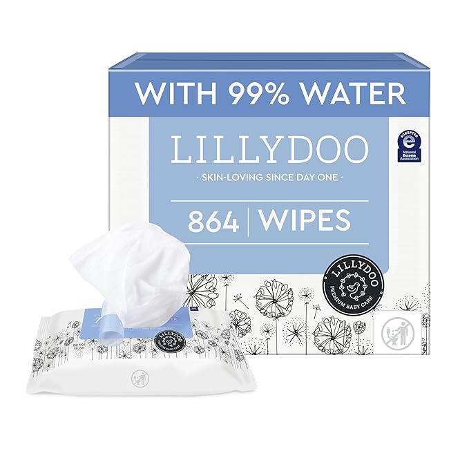 LILLYDOO Baby Wipes with 99% Water – Unscented, Hypoallergenic, Plant-Based, Strong & Plastic-Free, Compostable, 12 resealable Packs x 72 (864 Wipes Total)