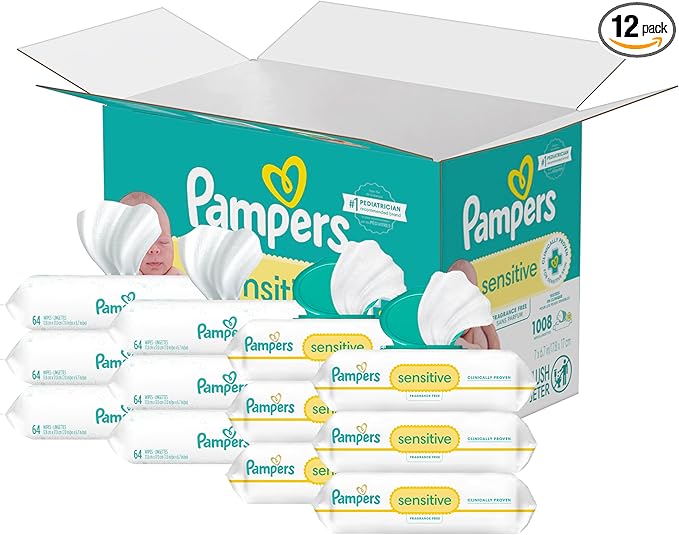 Pampers Sensitive Baby Wipes, Water Based, Hypoallergenic and Unscented, 8 Flip-Top Packs, 4 Refill Packs (1008 Wipes Total)