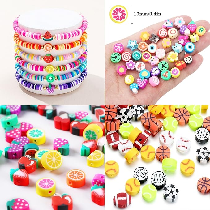 1000PCS Polymer Clay Beads Bracelet Making kit, 24 Style Cute Fun Beads Sports Ball Beads Volleyball Softball Baseball Basketball Soccer Rugby Football Charms for Jewelry Making DIY for Women Girls