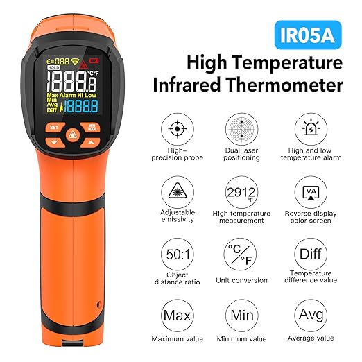 MESTEK Infrared Thermometer Temperature Gun -40℉~2912℉, High Temp Thermometer with Thermocouple Probe, Non-contact Digital Laser Thermometer Gun 50:1 Pyrometer for Industrial HVAC Forge Metal Smelting