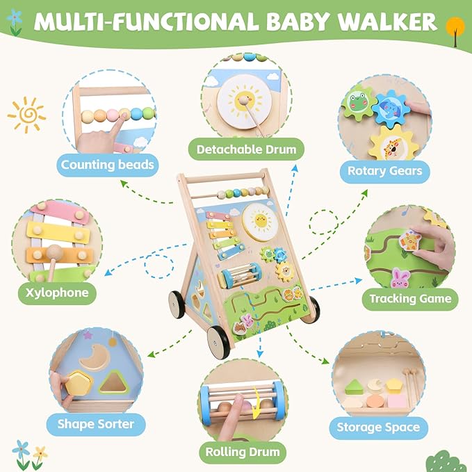 Wooden Baby Walker with Wheels, Montessori Baby Push Walker for Babies 6-12 Months, Baby Activity Center Walking Toy for 1 Year Old Learning to Walk Toddler Girls Boys