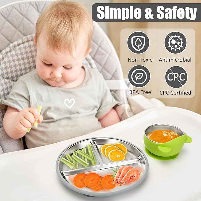 Stainless Steel Baby Plate and Bowls with Suction, Divided Kids Baby Plate and Toddler Bowl with Removable Silicone Suction, Non-Slip Baby Feeding Set Dishwasher Safe，4 Packs