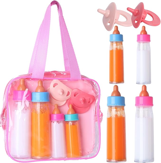 Baby Doll Bottles Accessories Set for Toddlers, 2 Milk Bottle 2 Juice Bottles and 2 Toy Pacifier (Red)