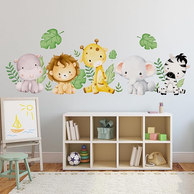 Watercolor Animal Wall Decals Giraffe Elephant Lion Hippo Zebra Wall Stickers Removable Cartoon Animal Wall Decals Decor for Baby Nursery Playroom Bedroom Classroom Kindergarten