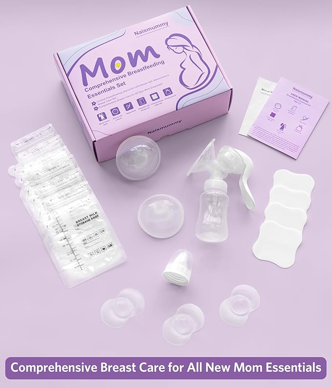 Breastfeeding Essentials Kit for Nursing Moms - Manual Breast Pump, Nipple Shields, Milk Collectors, Breastmilk Storage Bags, Soothing Gel Pads for Breastfeeding Newborn Relief for Sore Nipples 37 Pcs