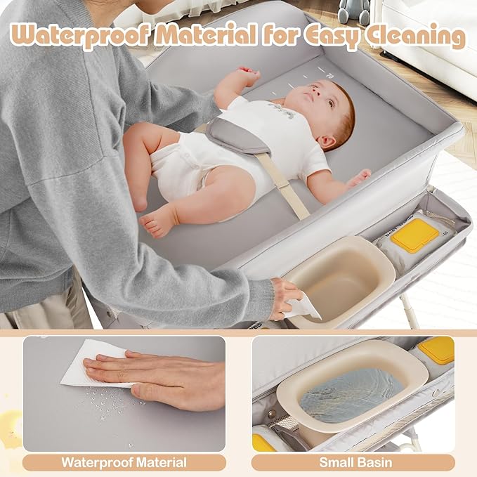 INFANS Baby Changing Table with Wheels, Portable Folding Diaper Station Nursery Organizer with Storage Basket, Hanging Rack, Adjustable Height, Safety Belt for Newborn Infant (Light Gray)