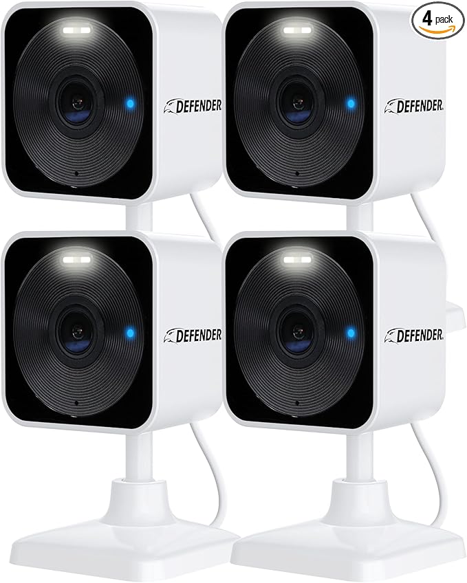 Defender GO 2K AI Powered WiFi Indoor/Outdoor Home, Business, Pet, Baby Security Camera, AI Detection, Dual Band, Spotlight/Siren, Color Night Vision, 2-Way Talk, Works with ClearVu App, 4 Pack