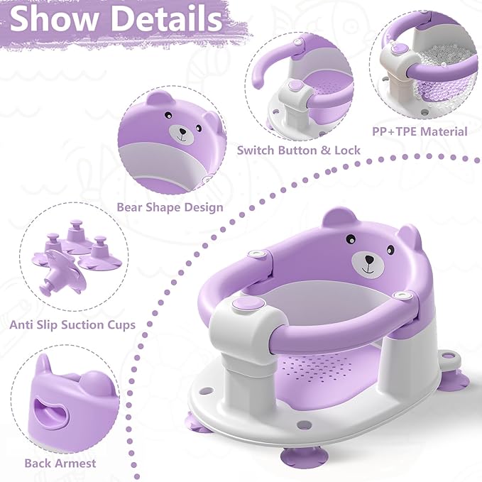 Baby Bath Seat for Babies 6 Months & Up, Toddler Bath Seats for Babies Sitting Up, Non-Slip Infant Bath Tub Chair with 4 Suction Cups & Soft Cushion for Shower, Compact Toddler Bathtub Seat, Purple