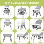 15 in 1 Convertiable High Chair for Babies and Toddlers, 2 in 1 Highchair & Activity Center w/Toys, Booster Seat, Toddler Chair w/5-Point Harness & Removable Tray & 2-Layer Cusion (Grey)