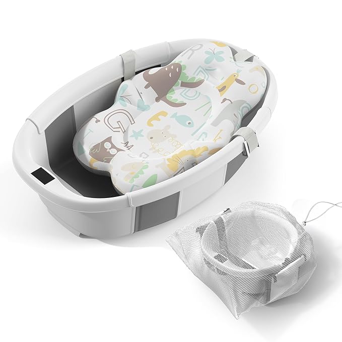 Collapsible Baby Bathtub, 3s to Install, Baby Bath Tub with Soft Cushion & Thermometer, 0-36 Months Newborn Bathtub, Portable Travel Baby Tub, Grey