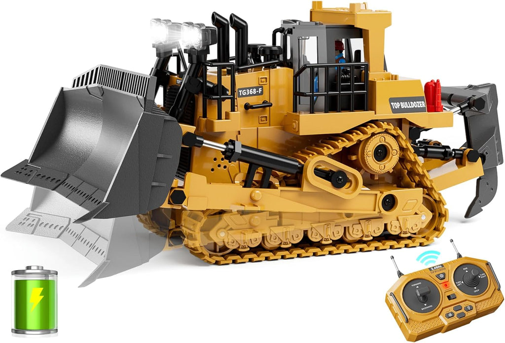 9-Channel Metal RC Bulldozer - Realistic Remote Control Kids Construction Play Toys with Lights and Sound, Track Type Tractor Toys for 3+ Boys, Perfect 2025 Kids Birthday Gift for Ages 3-12+