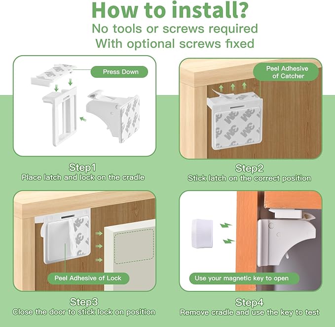 10 Pack Vkania Magnetic Cabinet Locks Baby Proofing - Baby Safety Latches for Drawers and Cabinets - Easy Installation No Drilling