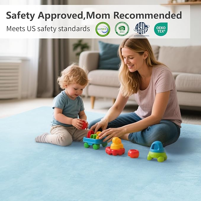 Baby Play Mat for Floor,1.3" Thick Elasti-Foam 50"×74" Playpen Mat for Tummy Time,Water Repellent Soft Coral Velvet for Toddler,Infant,Kids,Non-Slip Backing Safe for Crawling(Light Blue)