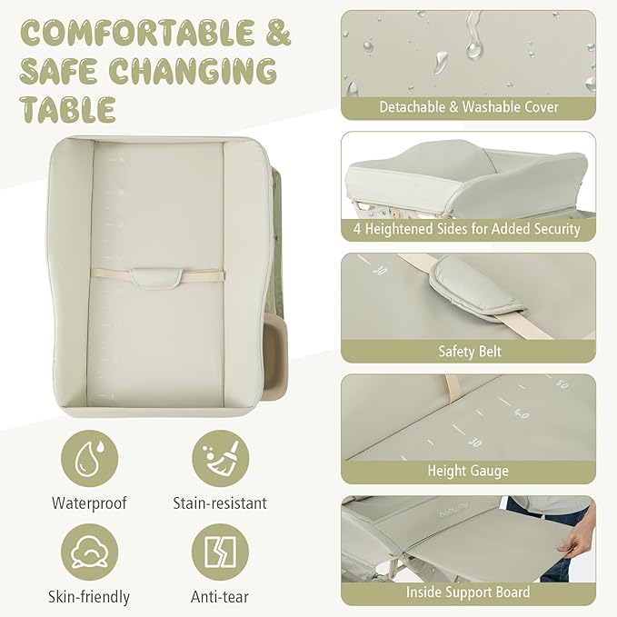 BABY JOY Portable Baby Changing Table, Foldable Diaper Changing Station w/Wheels, Adjustable Height, Large Storage Rack, Water Basin, Safety Belt, Mobile Nursery Organizer for Newborn Infant (Green)