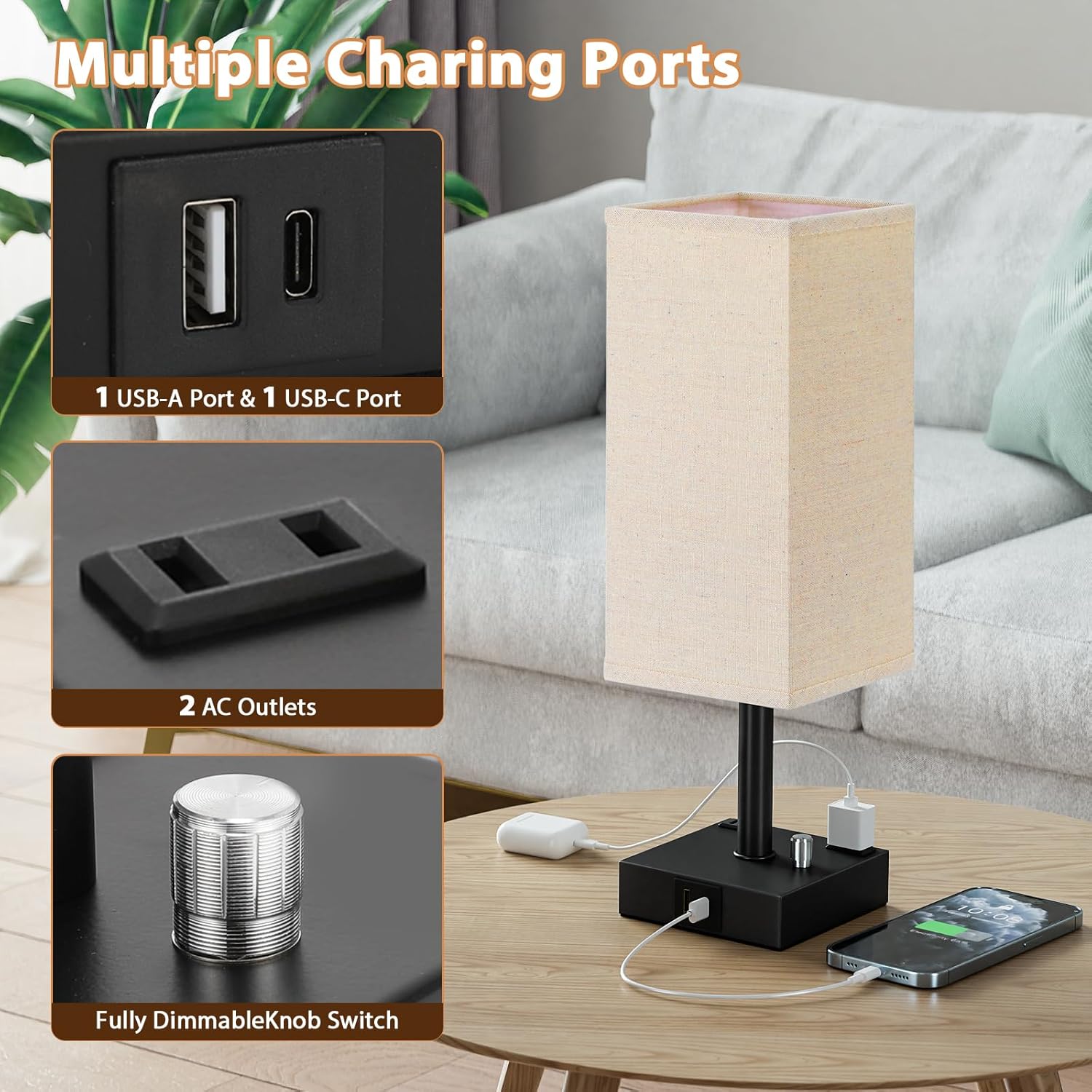 Fully Dimmable Nightstand Lamps Set of 2 - Table Bedside Lamp with USB C+A Charging Ports & 2 AC Outlets, Square Lamp Sets Linen Fabric Shade for Bedroom Living Room(Bulb Included)