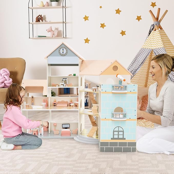 Costzon Wooden Dollhouse for Kids, 3-Story Luxury Doll House with 41 Pieces Furniture Accessories, 8 Rooms, Stairs & Balcony, DIY Pretend Dollhouse Playset, Gift for Girls Toddlers Ages 3+ (Pink)