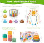 Montessori Toys for Babies 6-12 Months, 4 in 1 Soft Baby Teething Toys, Stacking Building Blocks & Rings for Infants, Sensory Bin Toy