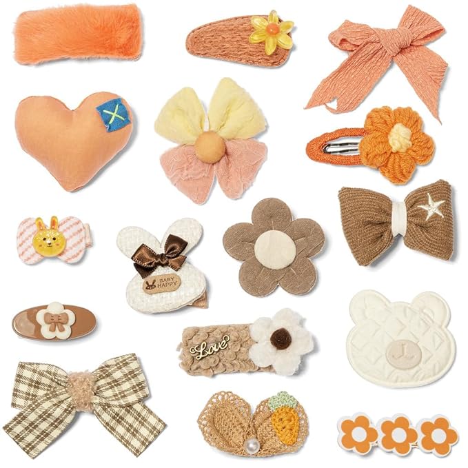Hair Clips for Girls 16 Pcs No Slip Assorted Barrettes for Kids Bows Orange Brown Cute Hair Accessories for Little Girls Teens Toddlers Child Kids Gifts