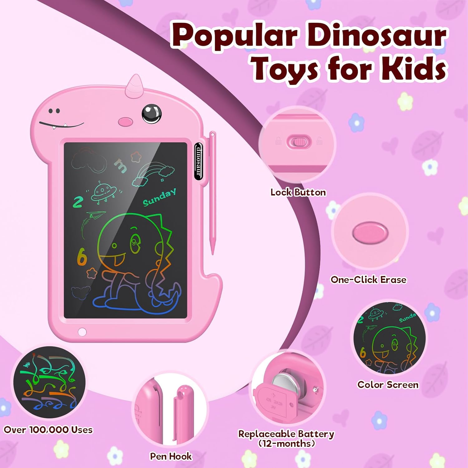 LCD Writing Tablet for Kids 8.8 Inch Toddler Toys for 3 4 5 6 7 8 Year Old Boys Girls Toys Drawing Pad Dinosaur Toys for Toddlers Doodle Board Drawing Tablet Birthday Christmas Gifts (Pink)