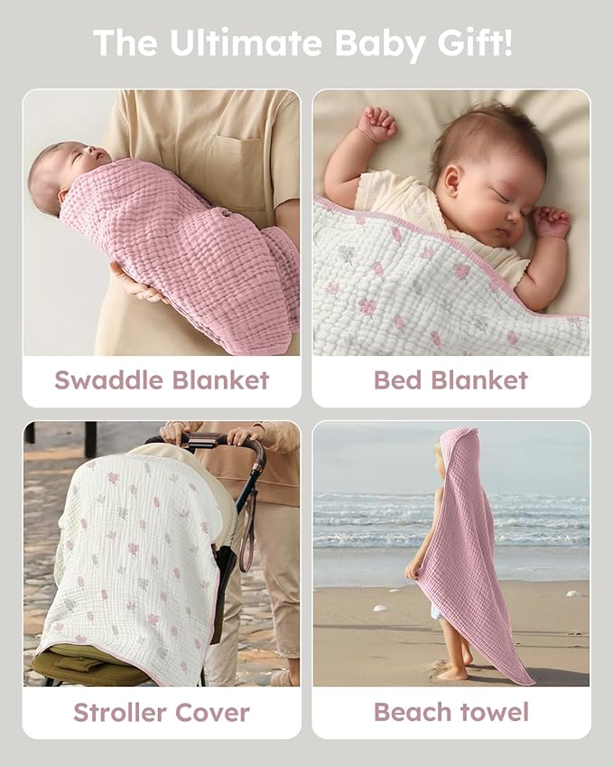 Yoofoss Hooded Baby Towels for Newborn 2 Pack 100% Muslin Organic Cotton Baby Bath Towel with Hood for Babies, Infant, Toddler and Kids,37.5"x37.5", Soft and Absorbent Newborn Essential,Pink&WhiteLeaf