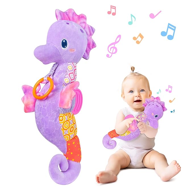 Fuzqq Baby Girl Toys 0-6 Months,Musical Stuffed Animal Plush Toy with Rattle,Soft Newborn Toy for 0 3 6 9 12 Months Girls,Baby Girl Gift,Purple