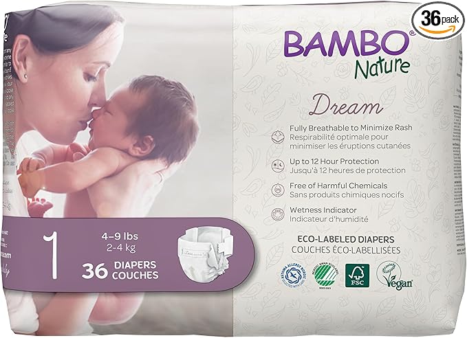 Bambo Nature Hypoallergenic Baby Diapers, Eco-Labelled Sustainable Diapers, Enhanced Leakage Protection, Totally Chlorine-free, Skin Friendly, and Super Absorbent - Size 1 (36 Count)