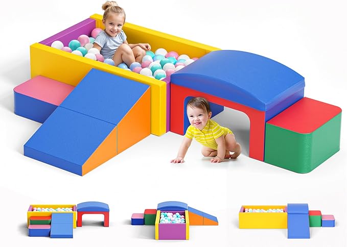 Lischwert Foam Climbing Blocks for Toddlers, Soft Play Ball Pit, Baby Climbing Blocks Soft Play Climbing for Toddlers with Foldable Block and Tunnel Indoor Climbing Toys for Toddler 1-3