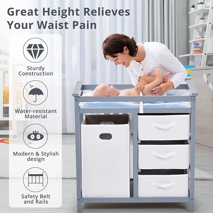 Wooden Baby Changing Table, Modern Diaper Changing Table, Infant Diaper Station Dresser with Laundry Hamper, 3 Drawer Basket- Storage Organizer for Baby Clothes, Diapers & Toys