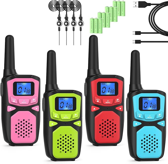 WokTok Kids Adult Suitable Walkie Talkie, Rechargeable, Outdoor Camping Game Toys, Birthday Gift, Suitable for 8-12 3-5 Years Old Boys and Girls 2-Way Long Distance Radio, 4 Packs