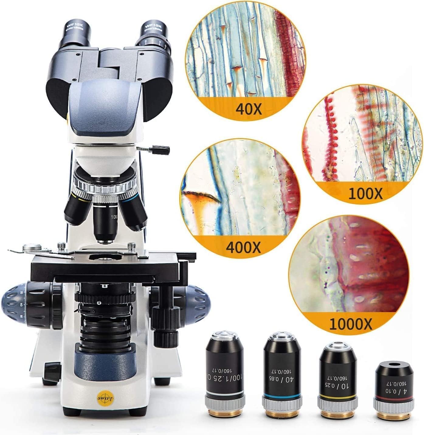 Swift SW380B Binocular Compound Microscope with 1.3MP Camera and 5 Prepared Slides+5 Blank Slides, 40X-2500X,Mechanical Stage