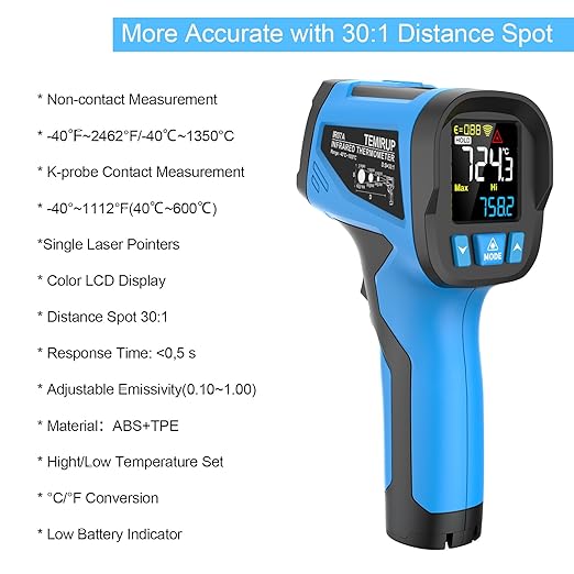 Infrared Thermometer Temperature Gun, -40℉~2462℉, 30:1 Pyrometer High Temp Thermometer with K-Probe, Non-Contact Digital IR Laser Thermometer Temp Gun for Cooking, Engine, Kiln, Forging, HVAC