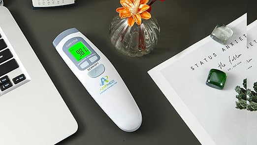 Amplim Non-Contact Forehead Thermometer for Kids and Adults. AmpMed No-Touch Baby Head Temporal Thermometer. Touchless Digital Fever Thermometer for Accurate Temperature Reading (White Blue)