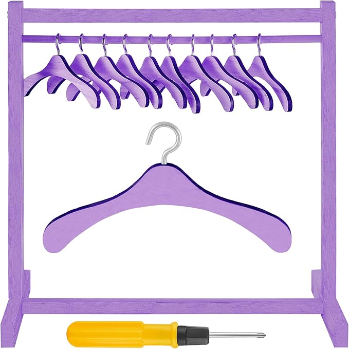 Civaner 11 Pcs Doll Garment Rack with Wooden Clothes Hanger for 18 Inch Girl Doll Clothes Mini Hangers Wardrobe Furniture Accessories for Dollhouse Baby Shower Supplies (Purple)