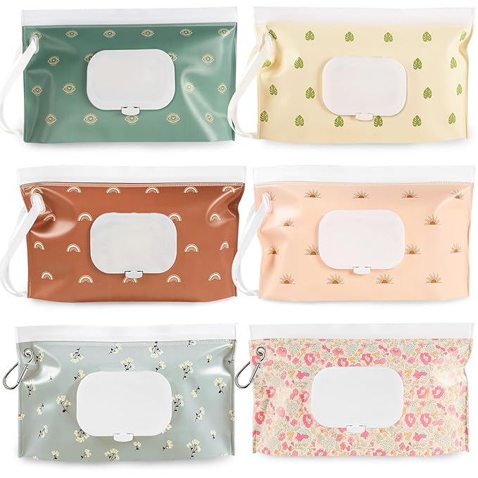 FEBSNOW 6 Pack Baby Wipes Dispenser, Portable Refillable Wipe Holder, Baby Wipes Container, Reusable Wipes Case, Baby Travel Wet Wipes Pouch (Morandi Color)