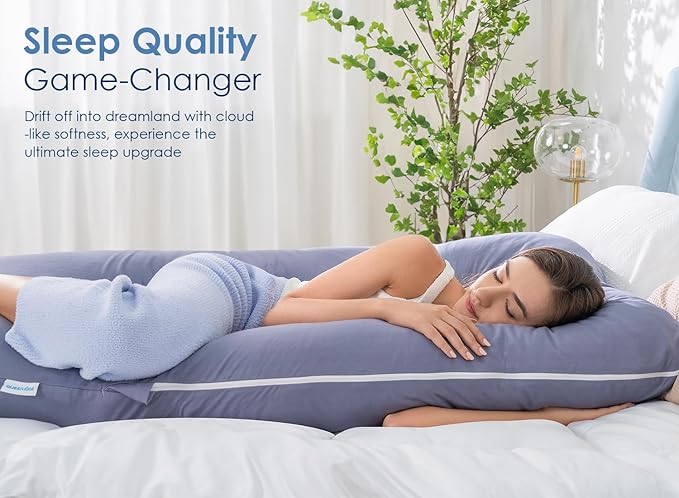 QUEEN ROSE Pregnancy Pillows, 60 Inch Cooling U Shaped Body Pillow for Sleeping, Extra Long Maternity Pillow for Pregnant Women, Body Support for Adults, with Soft Silky Cover, Blue