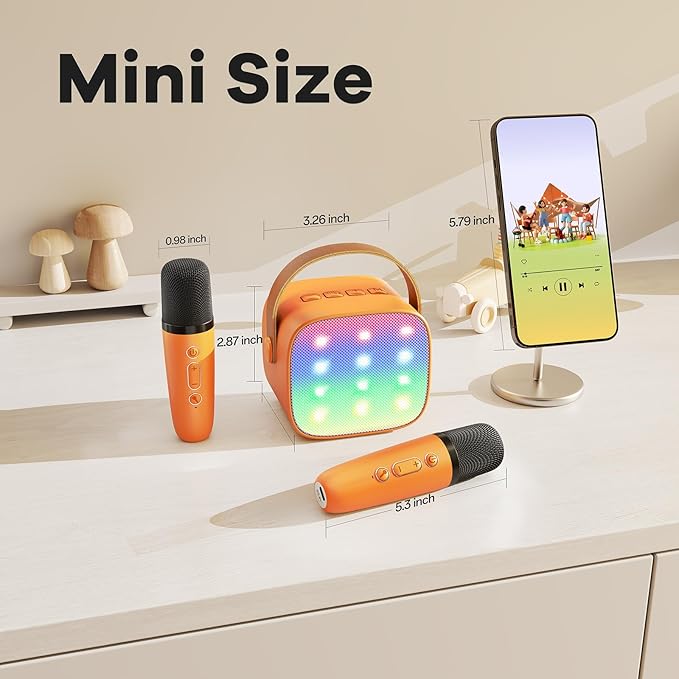 YLL Mini Karaoke Machine for Kids Adults, Portable Bluetooth Speaker with 2 Wireless Microphones, Birthday Gifts Toys for Girls Boys Ages 3, 4, 5, 6, 7, 8, 9,10,11,12+ Years Old Toddler (Orange)