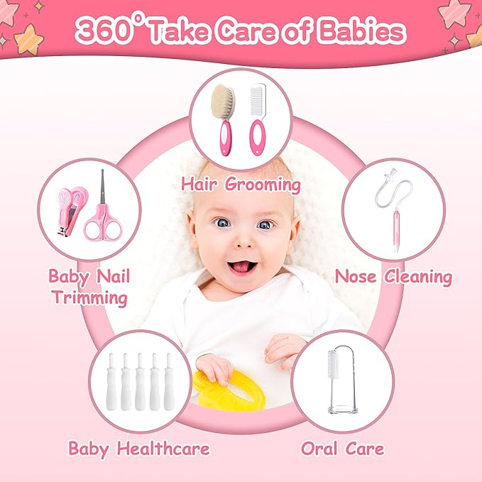 Baby Healthcare and Grooming Kit, 21 in 1 Portable Baby Essentials Kit with Gas Relief Hair Brush Comb Nasal Aspirator for Newborn Boys Girls (Pink)