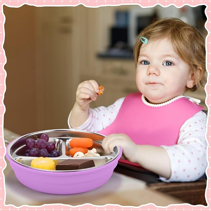 Nuogo 3 Pcs Stainless Steel Baby Suction Plates with Removable Silicone Shell 2-in-1 Metal Toddler Bowl Divided for Picky Eaters Kid Feeding Led Weaning Supply, Dishwasher Safe (Red Series)